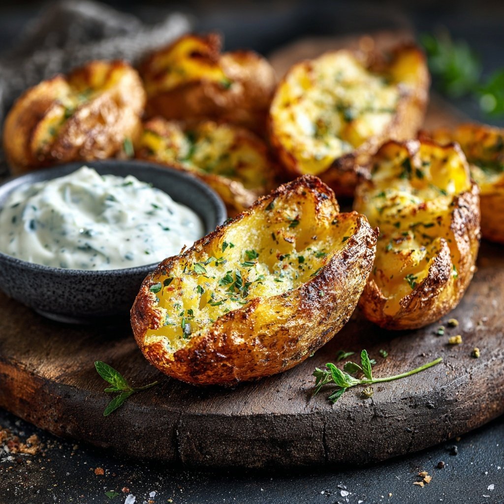 Mittagessen mit Ofenkartoffeln und Dip