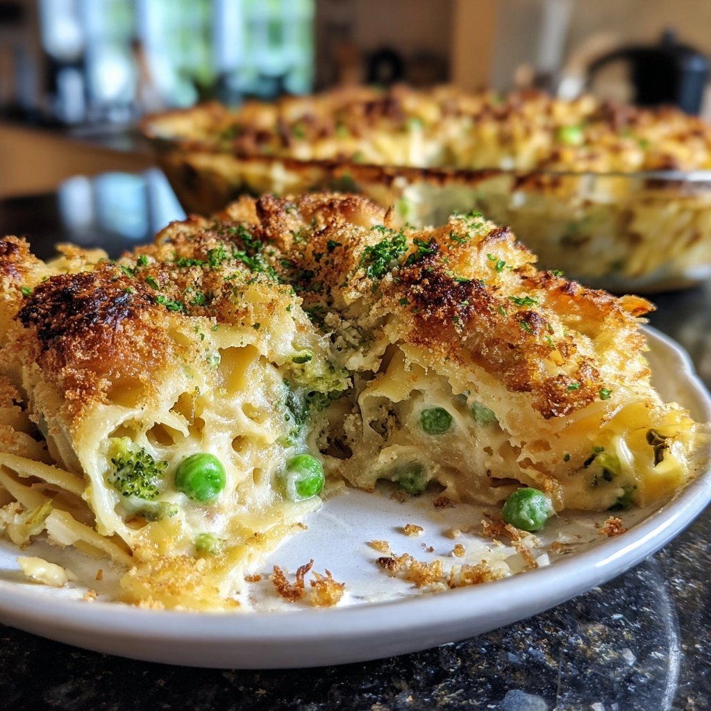 Vegetarischer Nudelauflauf mit Brokkoli und Erbsen